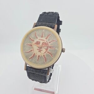 Vtg RARE 1991 FOSSIL Watch BW-6717 Copper Stone Sun Face Black Leather Unisex 8"